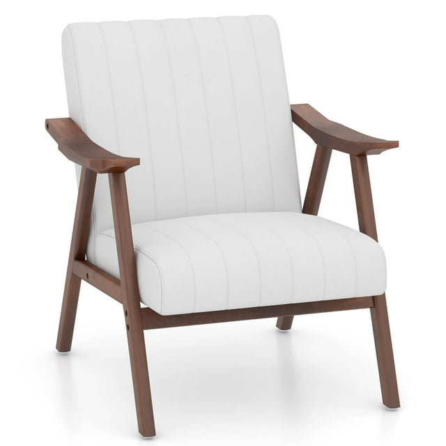 Gymax Modern Accent Chair Leathaire Leisure Armchair w/ Rubber Wood Frame & Felt Pads Beige