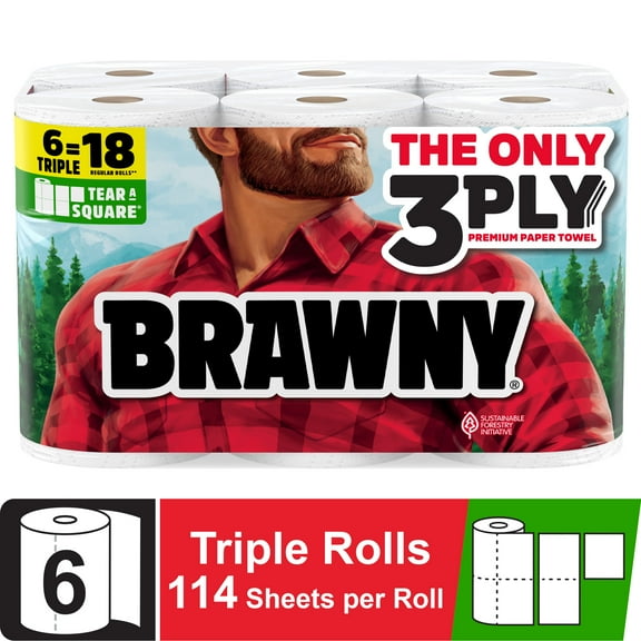 Brawny Tear-a-Square 3-Ply Paper Towels, 6 Triple Rolls, 114 Sheets Per Roll