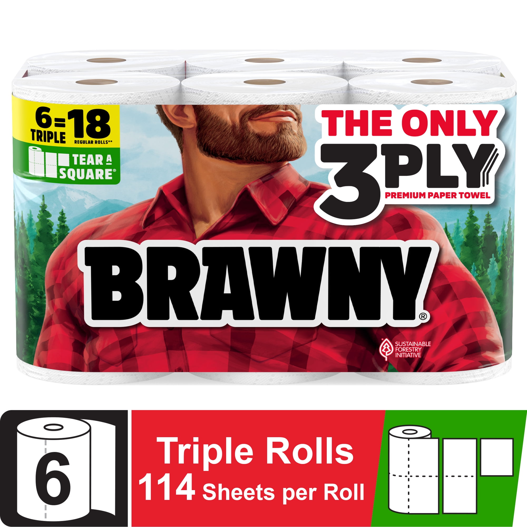 Brawny Tear-a-Square 3-Ply Paper Towels, 6 Triple Rolls, 114 Sheets Per Roll