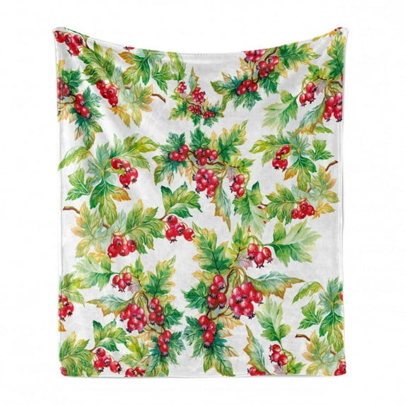 Rowan Soft Flannel Fleece Throw Blanket, Watercolor Style Branches with Rowan Berries Winter Christmas Concept, Cozy Plush for Indoor and Outdoor Use, 50" x 60", Scarlet Mustard Green, by Ambesonne