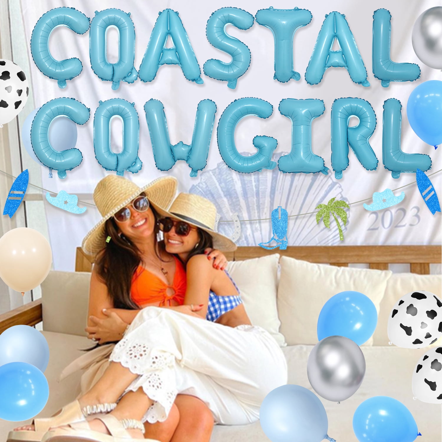 Bachelorette Party Decorations- Blue Silver Coastal Cowgirl Party Decorations, Surfs Up Cowgirl Banners, Coastal Cowgirl Foil Balloon Banner Blue Balloon Arch Kit for Bridal Shower Engagement Wedding