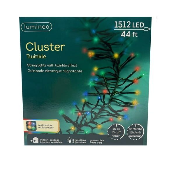 Lumineo 1512 LED Multi-Colored Christmas Cluster Lights Set Green Wire 44.5 Feet
