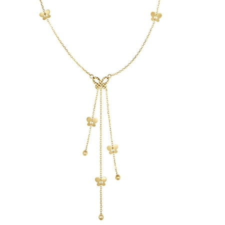 14K Yellow Gold Shiny+Diamond Cut Cable Chain Lariat Type Necklace with Butterfly Elements+Lobs ter Clasp