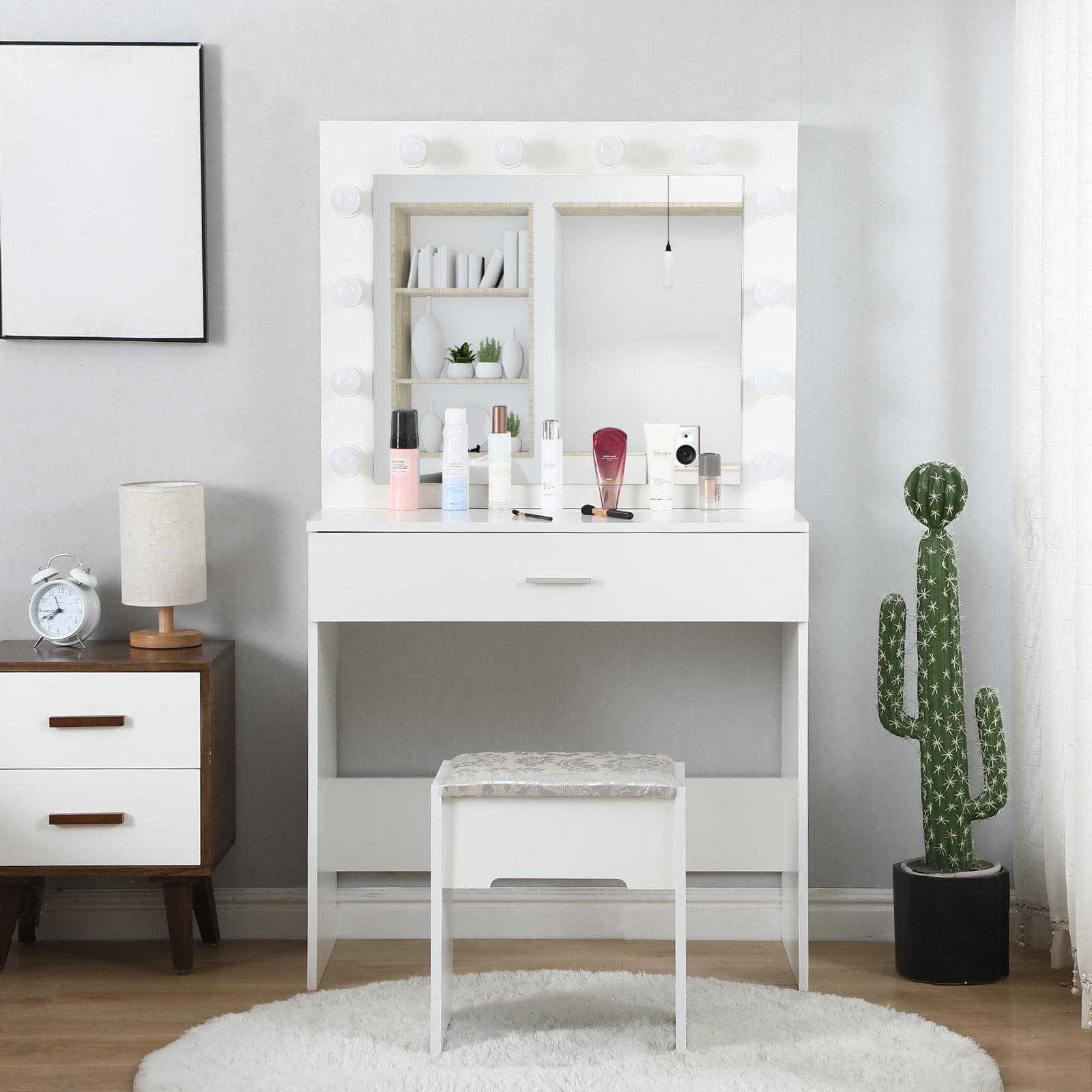 Details about   Vanity Set with 12 LED Lighted Mirror Makeup Dressing Table Dresser Desk White 