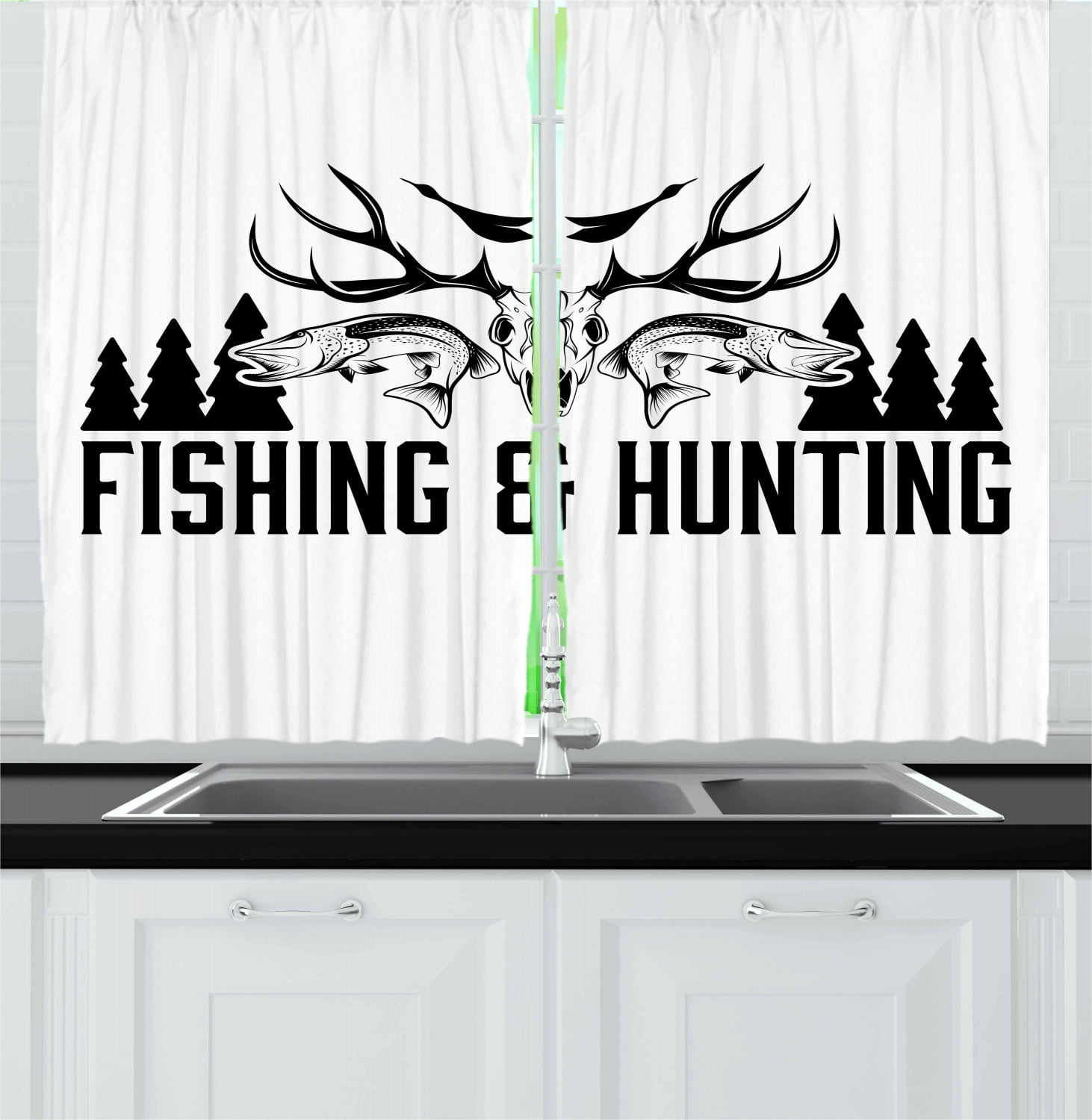 Hunting Curtains 2 Panels Set, Hunting and Fishing in Vintage Emblem