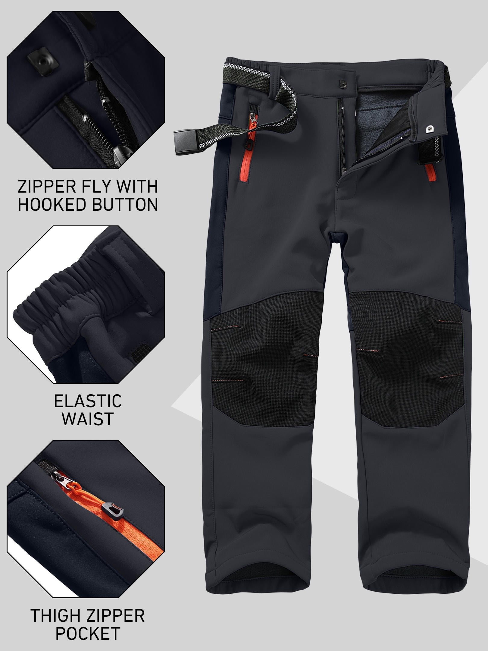 FEN AI Boy's Kids Youth Ski Snow Pants Windproof Waterproof Hiking Pant Expandable Waist Soft Shell Winter Warm Insulated Trousers Grey Size 10-12