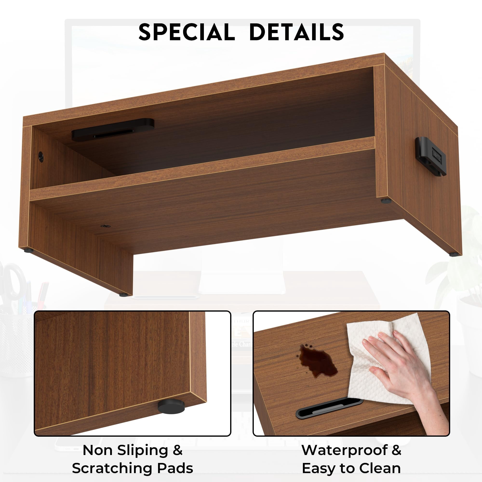 Wooden Monitor Stand Riser  2-tier Desk Shelf With Storage Organizer Computer Cable Management Cellphone Holder Walnut 16.5 Inch