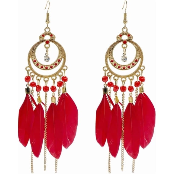 Long Boho CZ Feather Dangle Drop Earrings for Women Gold-Toned Enamel Round Turquoise Beaded Fringe Tassel Dangling Statement Studs Earring Lightweight Link Piercing Fish Hook Bohemian Ethnic Jewelry