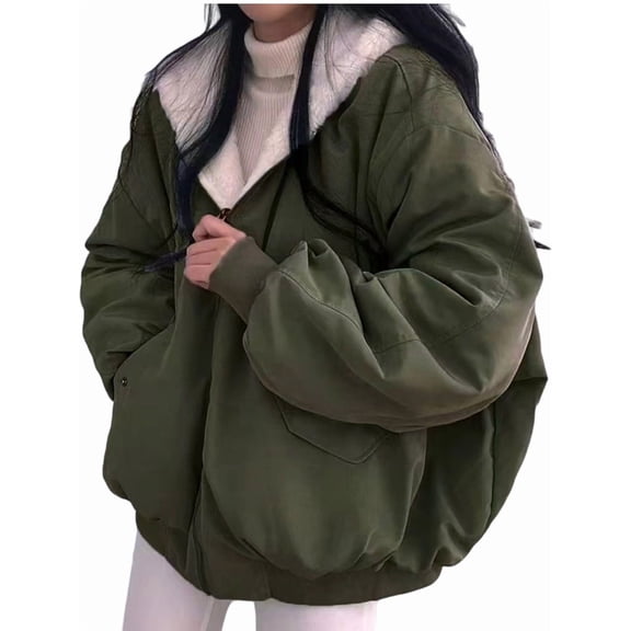 Jacket for Women Reversible Y2k Zip Up Hoodie Fleece Fur Winter Coat Cutecore Korean Clothes Army Green XL