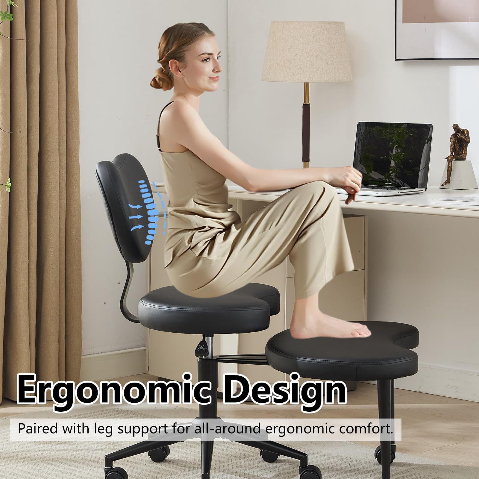 Pawverly Cross-Legged Meditation Chair with Wheels, Adjustable Height Yoga Office Chair with Lumbar Support, Ergonomic Criss Cross Desk Chair for Adults, Black PU Leather