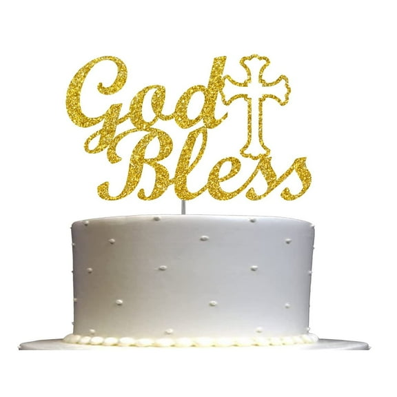 God Bless Cake Topper Glitter, For Baptism, First Holy Communion, Confirmation, Christening, Religious Celebration Decoration, Sturdy Doubled Sided Glitter, Acrylic Stick (Gold)