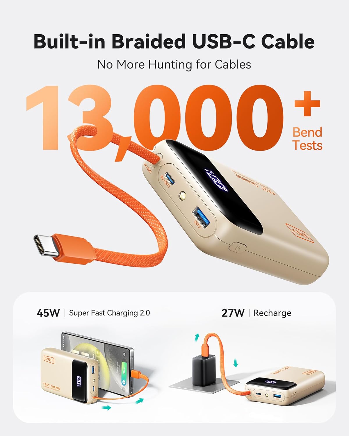 INIU 20000mAh Power Bank 45W with Built-In USB-C Cable photo 4