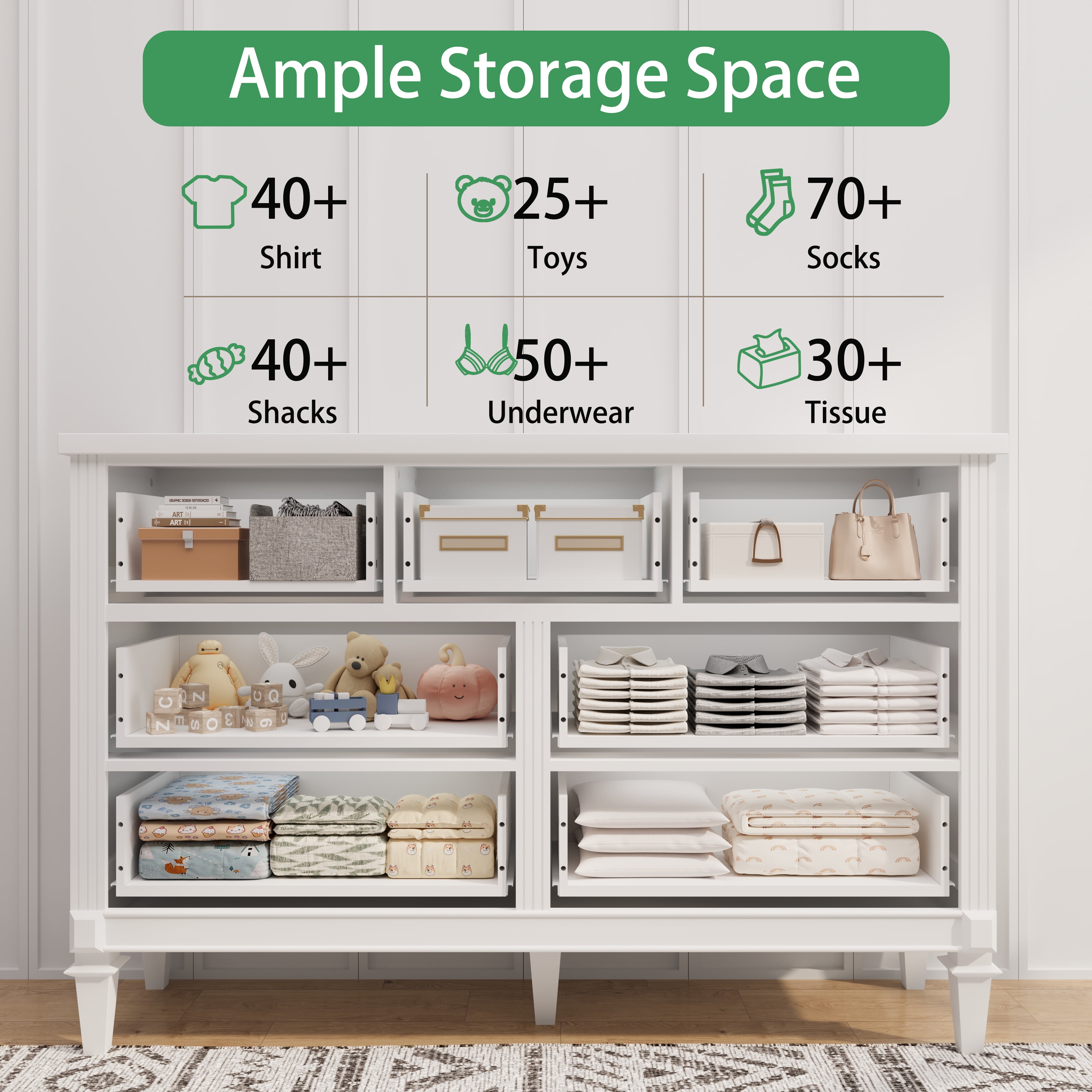 White Dresser for Bedroom, 7 Drawer Dresser with Drawers and Metal Handles, Modern Dressers & Chests of Drawers for Hallyway, Entryway