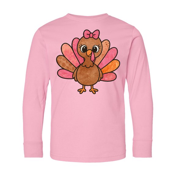 Inktastic Cute Turkey with Pink Bow Thanksgiving Design Long Sleeve Youth T-Shirt