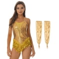 thumbnail image 5 of TiaoBug Womens Latin Modern Jazz Dance Costume Sparkly Sequins Fringe Leotard with Gloves Gold XL, 5 of 7