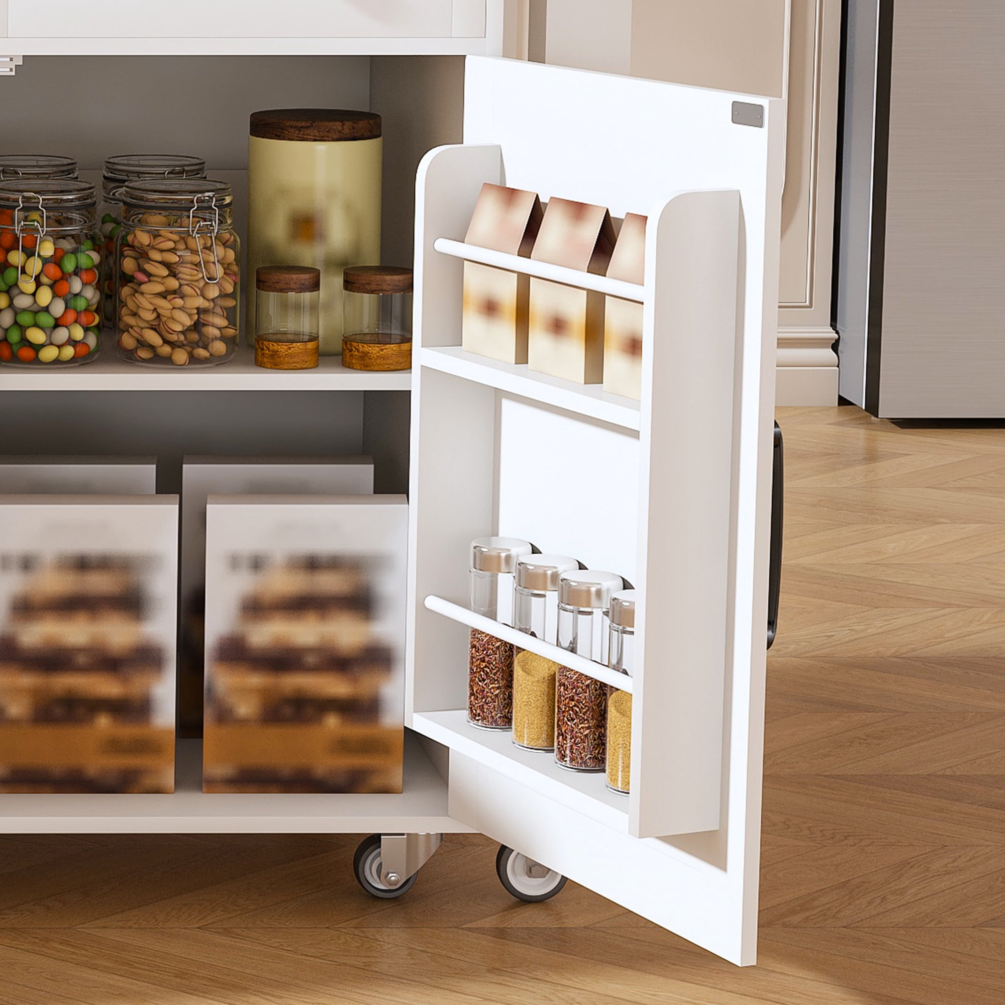 74.8" Kitchen Island with Extendable Dining Table & Power Outlet - Rolling Storage Cart on Wheels with 3 Drawers & 2 Door Cabinet for Dining Room, White