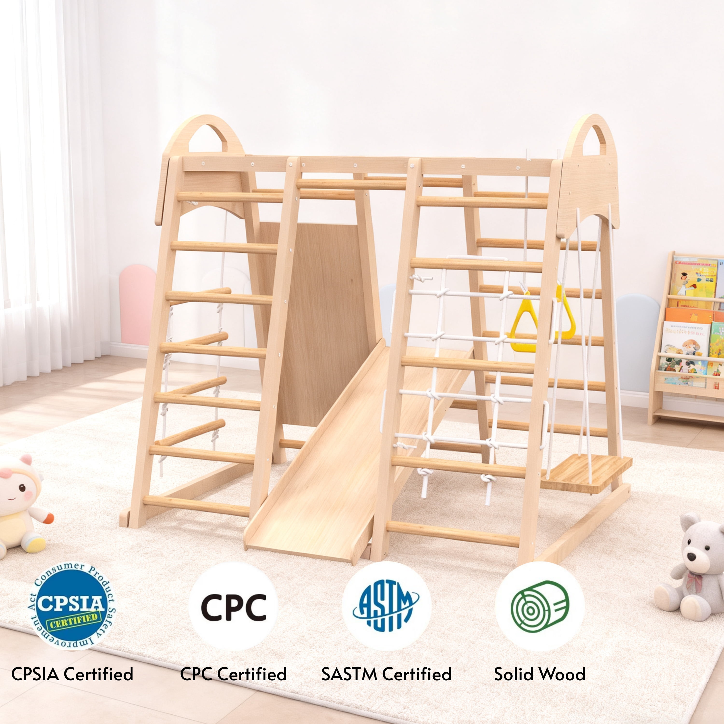 EUROCO Wooden Climbing Toys, Playground Jungle Gym for Kids and Toddlers, Climb and Slide Set with Gymnastic Rings, Rock Wall, Swing, Slide and Rope Climber