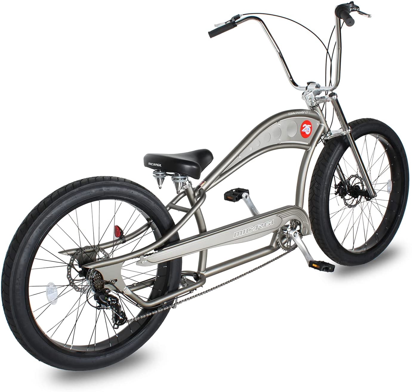 WonderWheels 26" Stretch Cruiser Shimano TX-35 7SP with Disc Brake (F&R) Moon-Type Handlebar, Alloy Black Rims, 26x4.0 Black Tire - Matte Grey