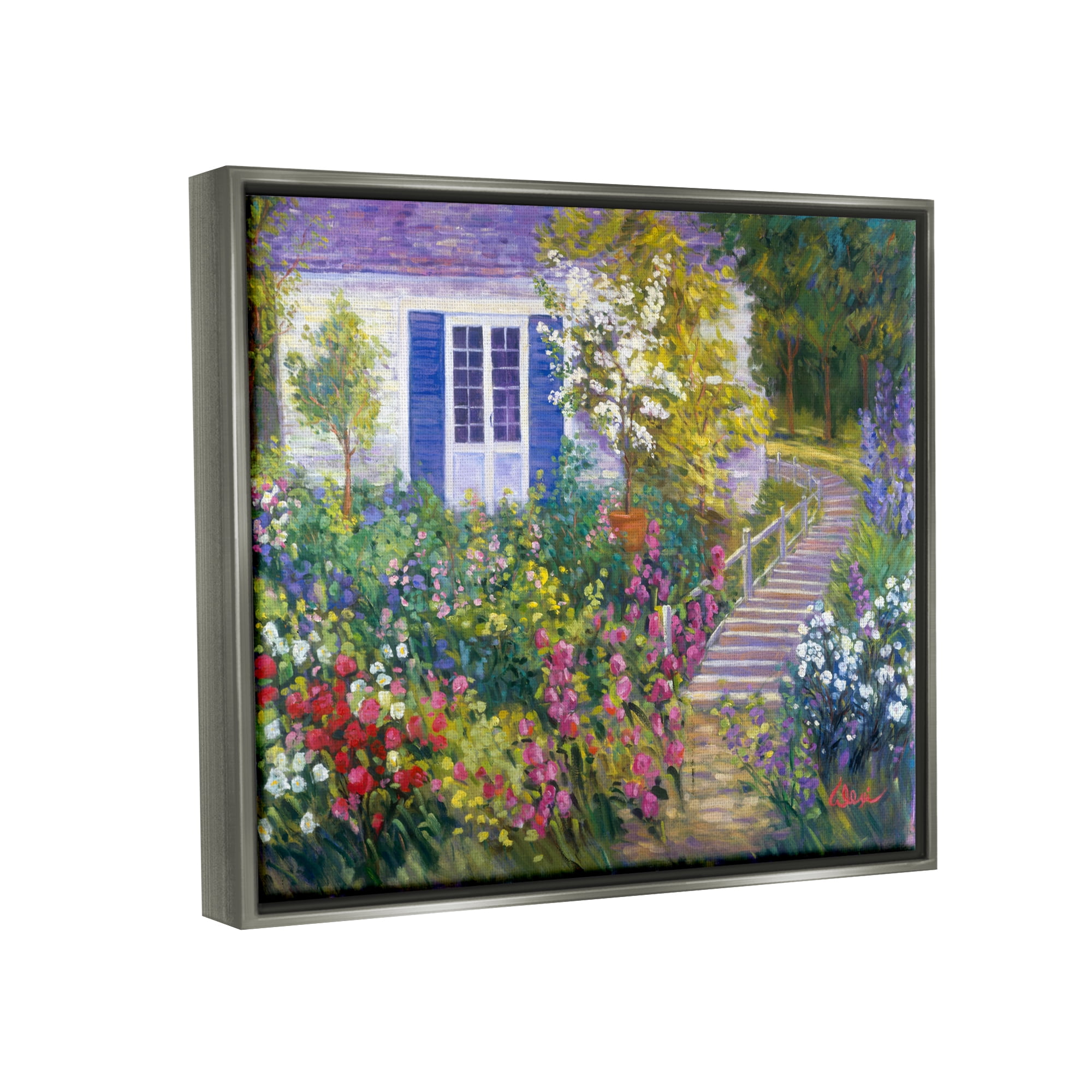 Stupell Industries Garden Cottage House Landscape Painting Gray Floater Framed Canvas Art Print Wall Art, 31 x 25