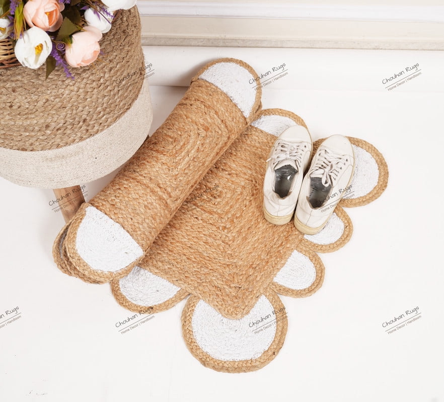 Natural Jute Rug Hand Braided Beige and White Color Scalloped Area Rug Rectangle Rug