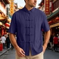 thumbnail image 2 of UVEASISHA Cotton Linen Button Down Shirts for Men Traditional Kung Fu Uniform Short Sleeve Shirt Stand Collar Casual Chinese Frog Buttons Shirts Navy 4XL, 2 of 10