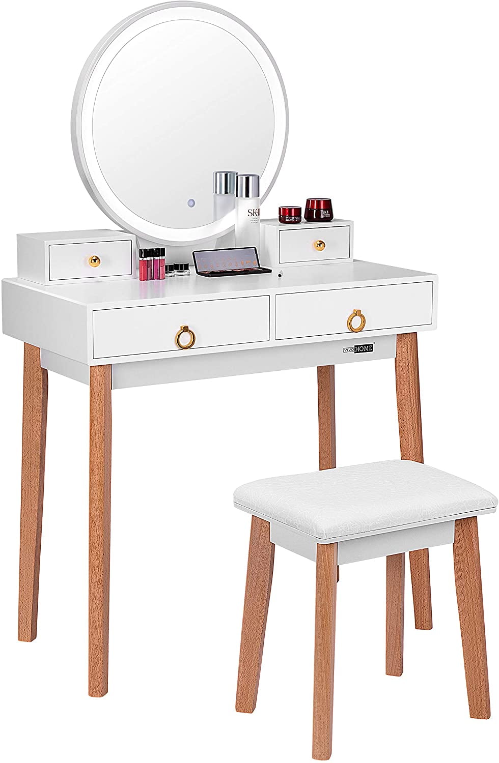 3 Color Modes，Adjustable Brightness，White Vanity Makeup Table Chair Set，4 Drawers Makeup Table with Padded Stool Dressing Table with LED Light Mirror