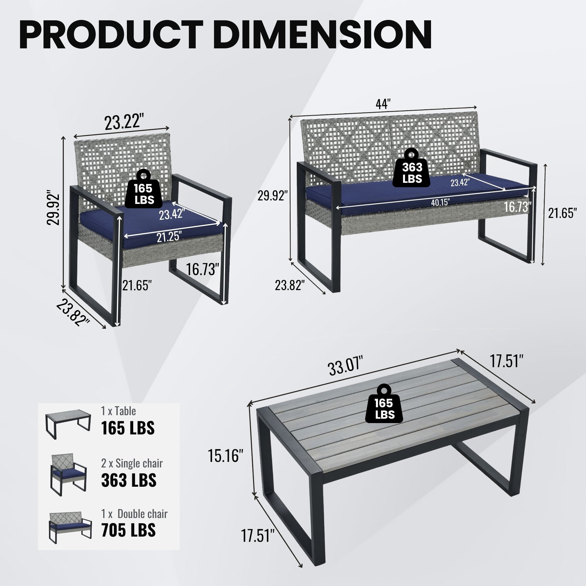 Segmart Patio Conversation Set for Outdoor, 2025 Upgrade 4-Piece Conversation Furniture Set w/Loveseat Sofa, 2 Single Sofas, Coffee Dining Table and Padded Cushions, Max Weight 705 lbs, Light Gray