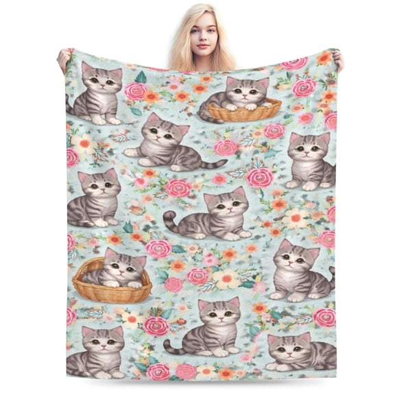 Cute Kitten Floral Blanket Cat Lover Throw Blanket Soft Cozy Blanket for Couch Bed Easter Spring Gift Home Decor 50x40