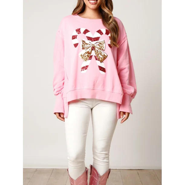 Sudadera con capucha navideña dulce 2024 para mujer, lindas sudaderas con lentejuelas y estampado de bastón de caramelo, jerséis holgados, ropa de calle informal de manga larga para otoño