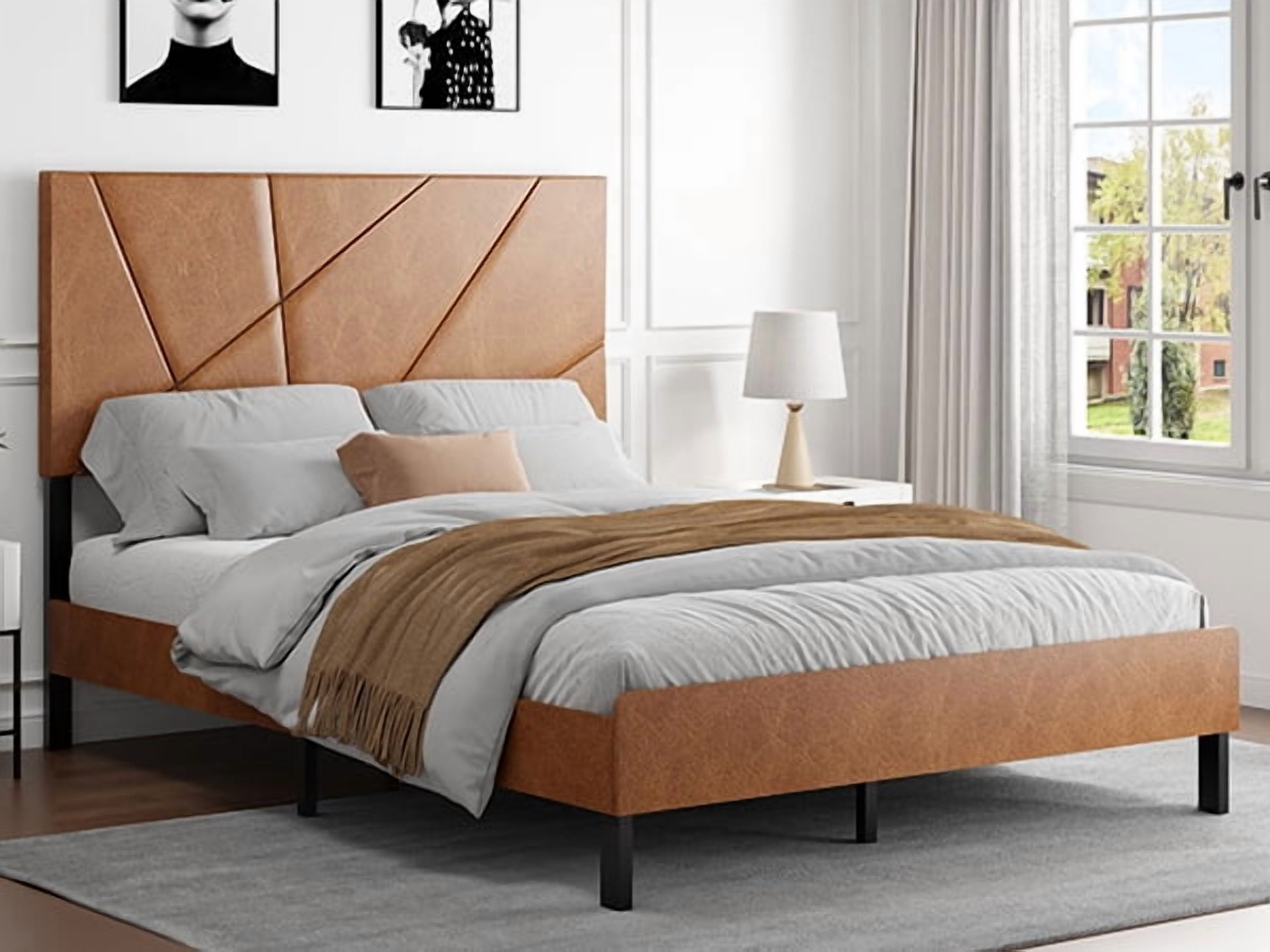 LiviNest Upholstered Bed Frame Queen Size - Modern Platform Bed with Leather Headboard & Metal Frame for Adults Bedroom - Easy Assembly No Box Spring Needed High Weight Capacity