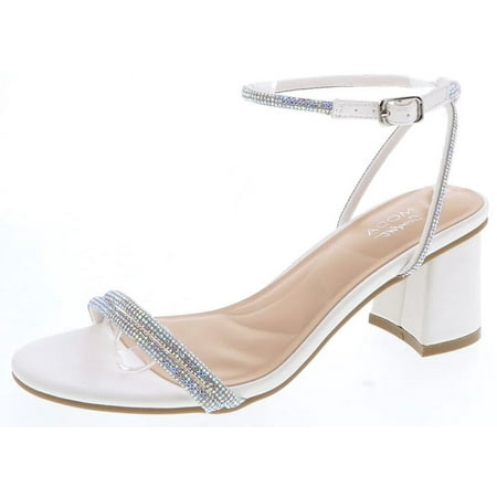 Top Moda Shoes Women Block Short Heels Open Toe Ankle Strap Bling Rhinestone CITY-1 White PU 8.5