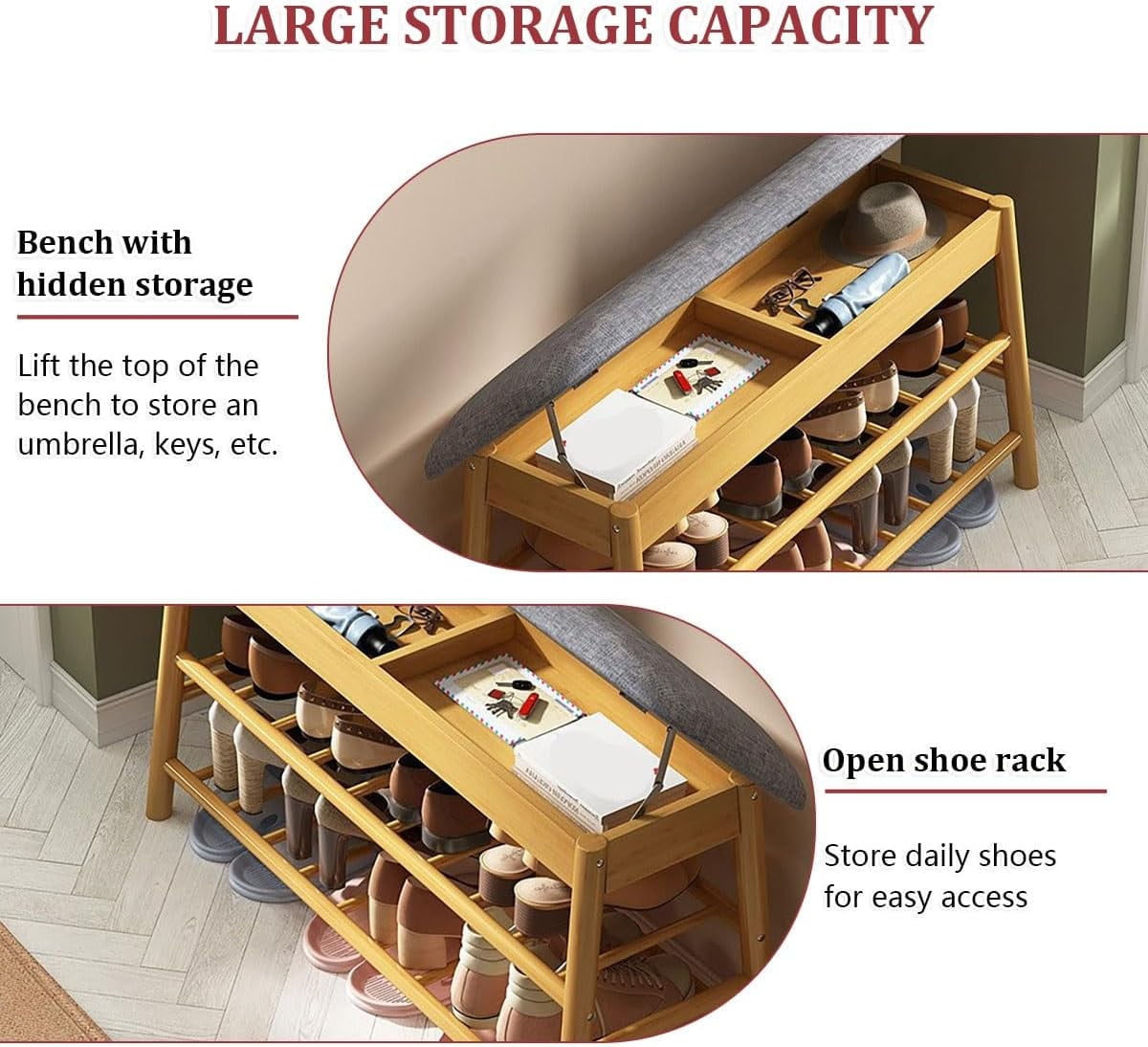 Colourtree 28" Shoe Rack Bench, Bamboo Entryway Bench, Organizer with 2 Tier Storage, Simple Style, Good Load Bearing, Ideal for Entryway Hallway Living Room