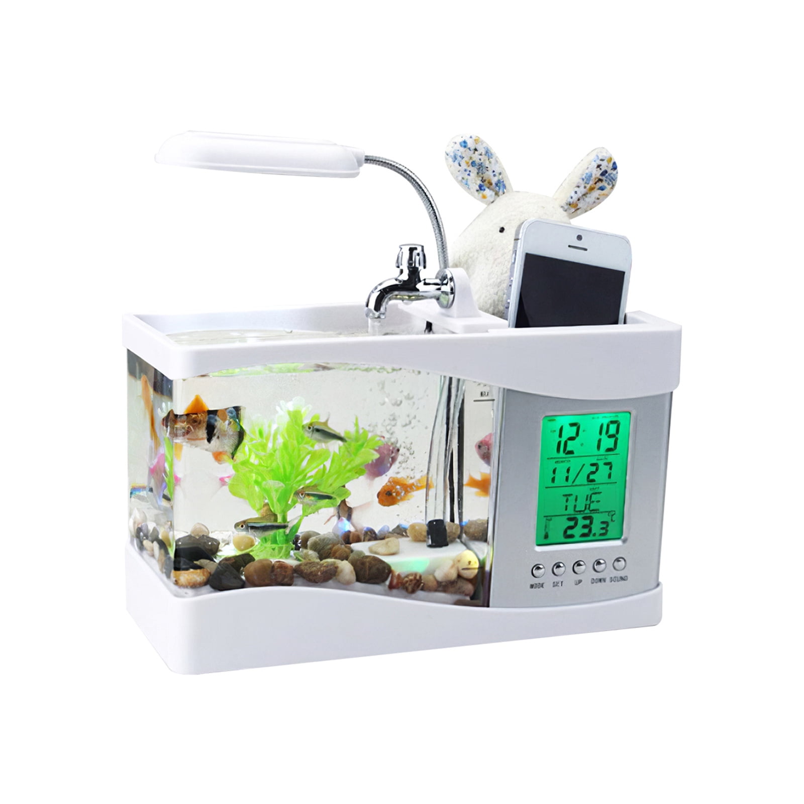 Onever USB Desktop Aquariums Fish Tank with LED Fish Tank Clock Light Pen Holder Alarm Clock