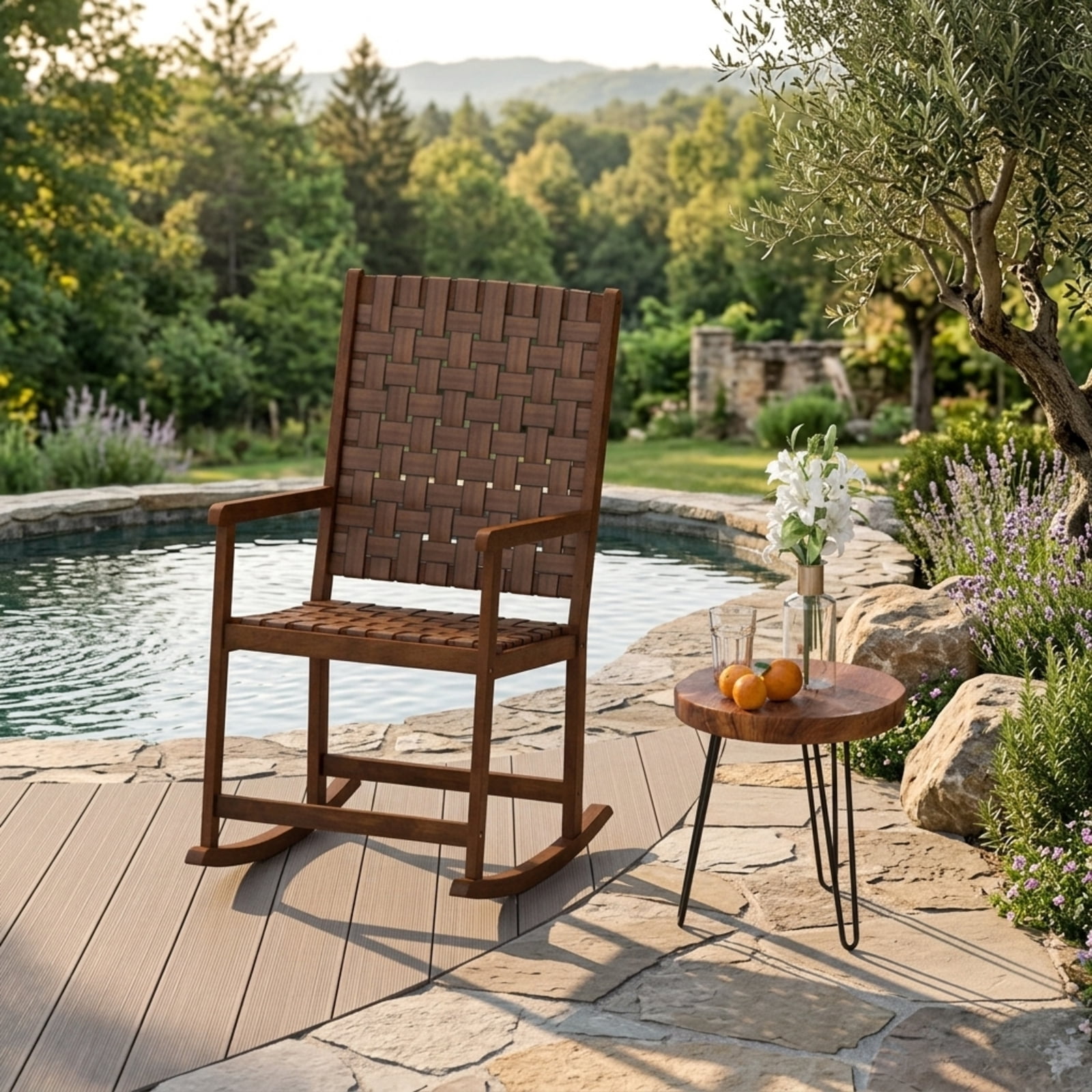Furnibear Outdoor Rocking Chair Solid Rubber Wood for Backyard Deck Garden Brown 220 lbs Capacity Weather-Resistant Outdoor Furniture