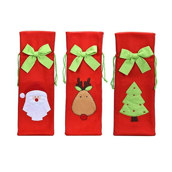 WHAMVOX 3pcs Christmas Christmas Tree Pattern Drawstring Wine Bottle Cover Bags Home Party Dinner Table Decor Candy Gift Bag Wrap