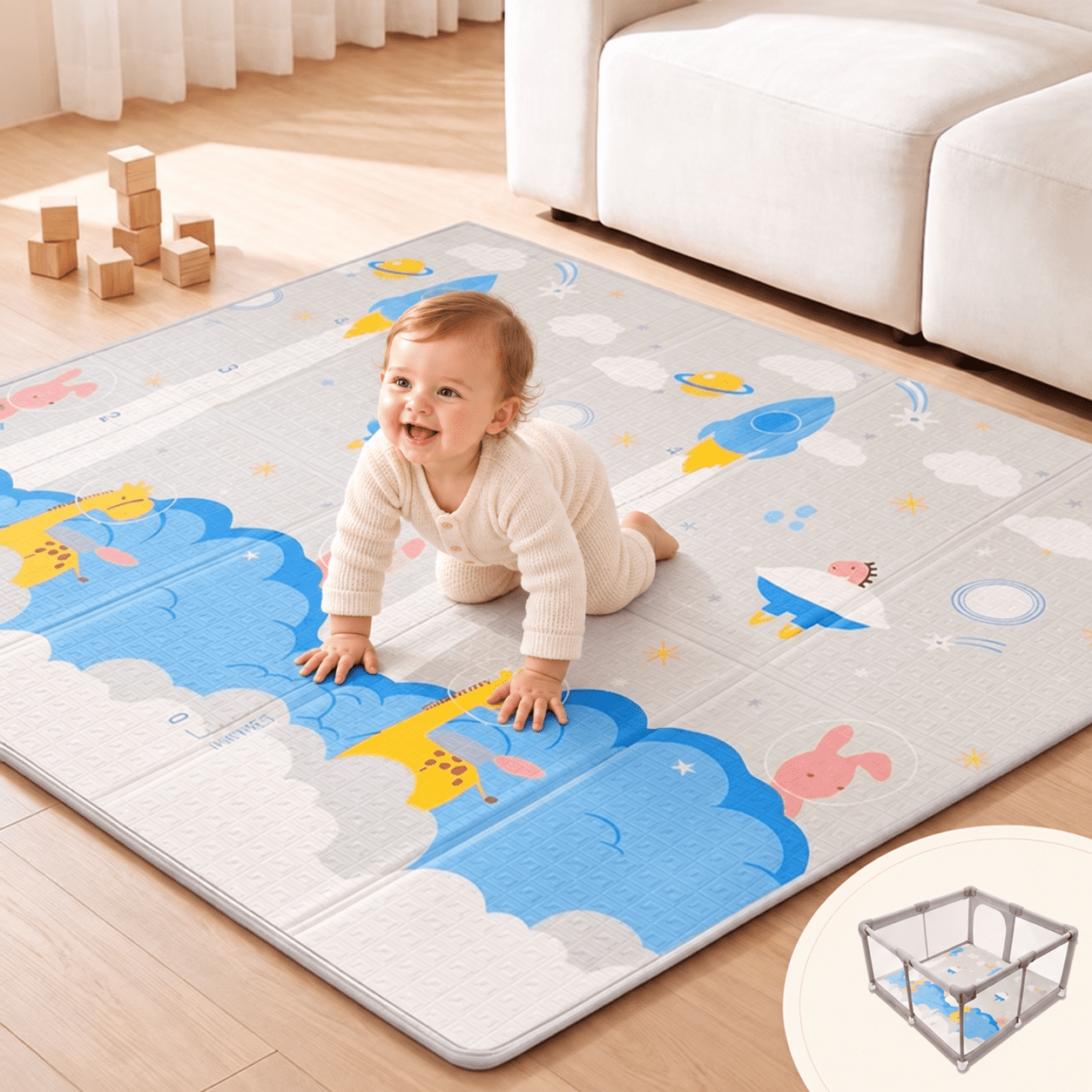 Joypony Baby Play Mat, 47 x 47 inch Reversible Waterproof Foldable Foam Mat for Tummy Time and Crawling, with Travel Bag, Indoor/Outdoor