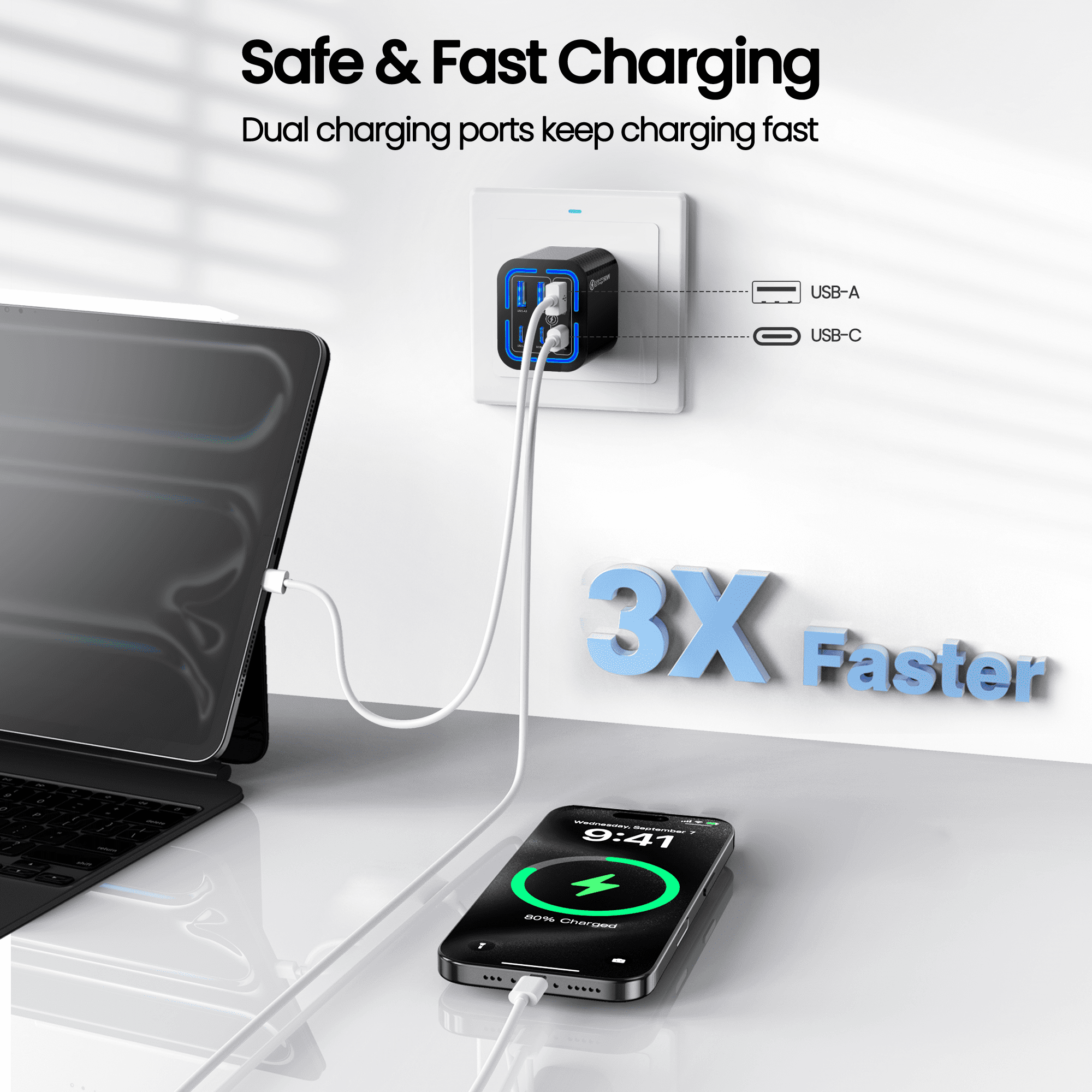 FOBIANJIE-50W USB-C and USB-A wall charger, Type-C charger, six-port cube design power adapter, multi-port plug, white/black/yellow – compatible with iPhone, iPad, AirPods, Samsung Galaxy, Note, Pixe