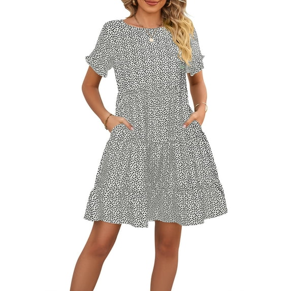 Liacowi Women Summer Mini Dress Casual Short Sleeve Floral Print Tiered Dress Loose Swing Dress