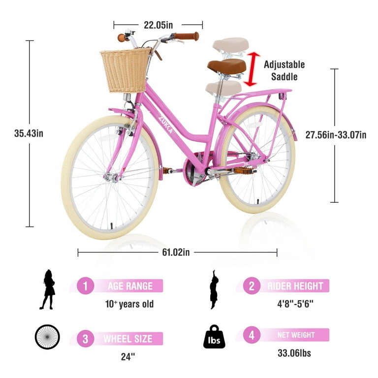 24 Inch Girls Bike for Age 10 Single Speed Retro Beach Cruiser Bike with Basket Lightweight Steel Frame City Bike with Anti Skid Tires V Brakes for