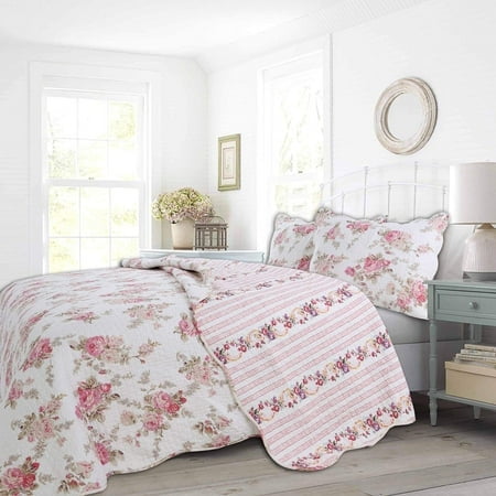 Cozy Line Home Fashions Romantique Pivoine Rose Floral 100 % Coton Courtepointe Réversible Ensemble de Literie, Couvre-Lit, Jeté de Lit (Pivoine Rose, Très Grand - 3 Pcs)