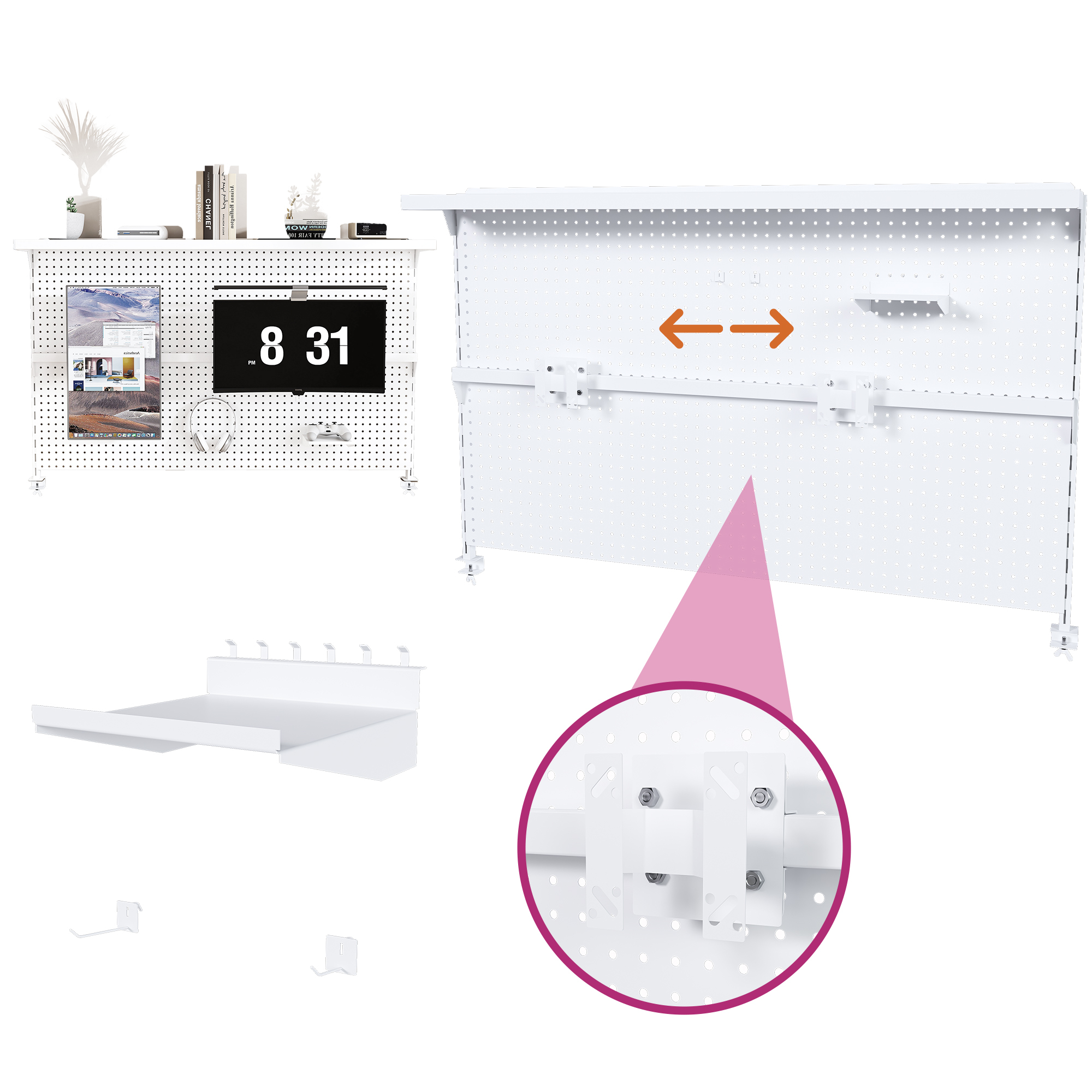 Montary Gaming & Office Desk Organizer with Dual Monitor Stand, 59x35" Metal Pegboard Privacy Panel, White