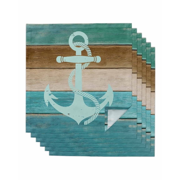 Blue Teal Anchor Cloth Napkins Set of 6 Reusable Dinner Napkins, Retro Brown Nautical Coastal Cocktail Napkin Washable Table Napkins for Wedding/Holiday Party/Baby Shower 20"x20"