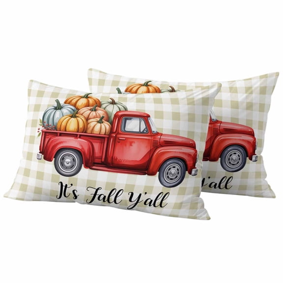 Lumbar Pillow Covers 12 x 20 Inches, Fall Truck Waterproof Throw Pillow Cover Set of 2, Orange Green Thanksgiving Pumpkin Plaid Decorative Rectangle Cushion Covers for Patio/Tent/Couch/Garden