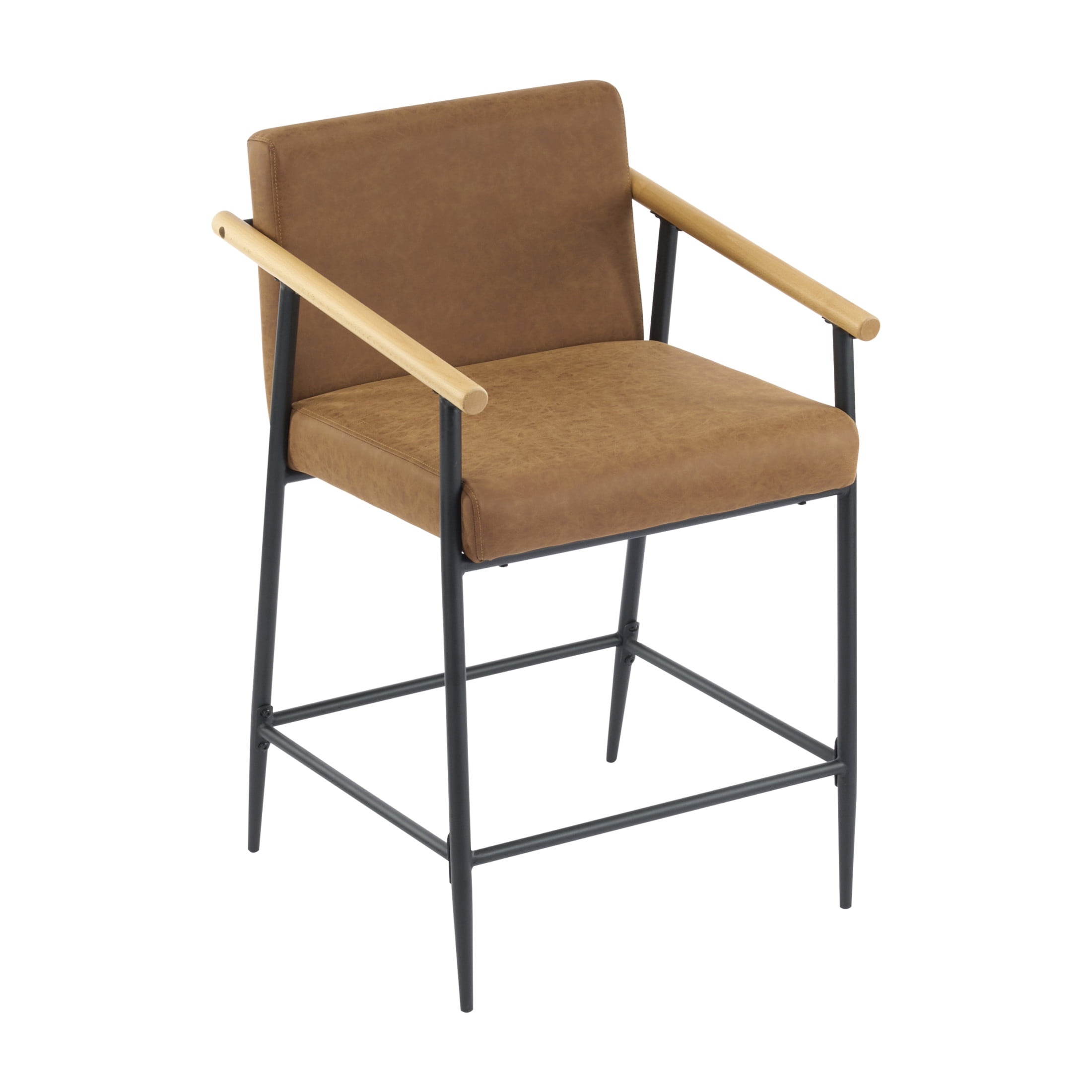 Christopher Knight Home Mid-Century Modern 26" Counter Height Stools, Metal Frame, Wood Armrests, Brown Cushion, Set of 2