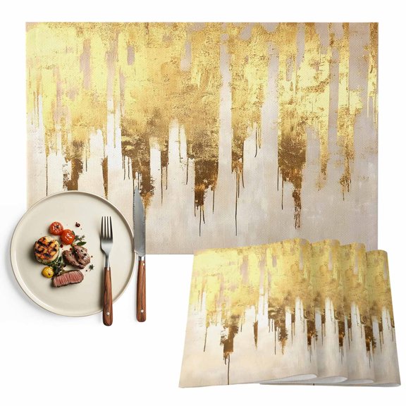Abstract Gold Placemats Set of 4, Modern Luxury Strokes Artwork Washable Wipeable Table Mats for Dining Tables, Indoor Outdoor Kitchen Place Mats for Holiday Party Table Decor