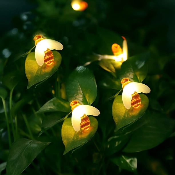 Guirnalda de luces solares de abeja de 6,5 m, 30 luces LED, para decoración interior y exterior, color blanco cálido