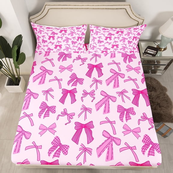 Erosebridal Girly Bow Fitted Sheet Set Twin,Kawaii Bowknot Bedding Twin Size,Microfiber Fitted Sheet Twin,Princess Bedroom Decor,2pcs(Fitted Sheet,Pillowcase)