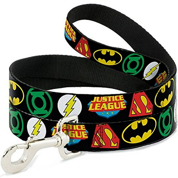 DC Comics Pet Leash, Dog Leash, Justice League Superhero Logos Close Up Black, 6 Feet Long 0.5 Inch Wide