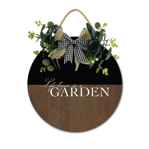 Life Began In A Garden Front Door Sign Funny Wreaths Hanging Wooden Plaque Decoration Round Rustic Wood Farmhouse Porch Decor for Home Front Door Decor, 12 x 12 Inch