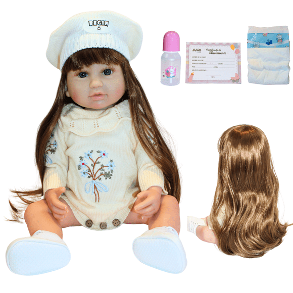 Muñeca Reborn Amelia 55 cm Realista con Vestido de Algodón Blanco y Detalles Florales